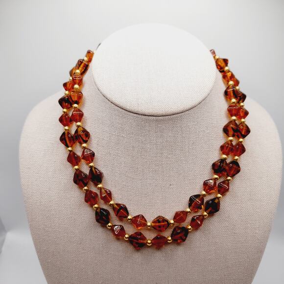 Vintage Topaz Glass Bead Two Strand Necklace Gold Tone Toggle Clasp 16” - Picture 2 of 14